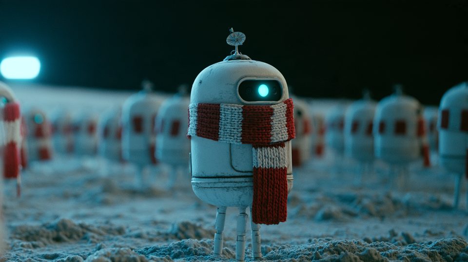 A small white robot on the Moon wearing a red and white striped scarf