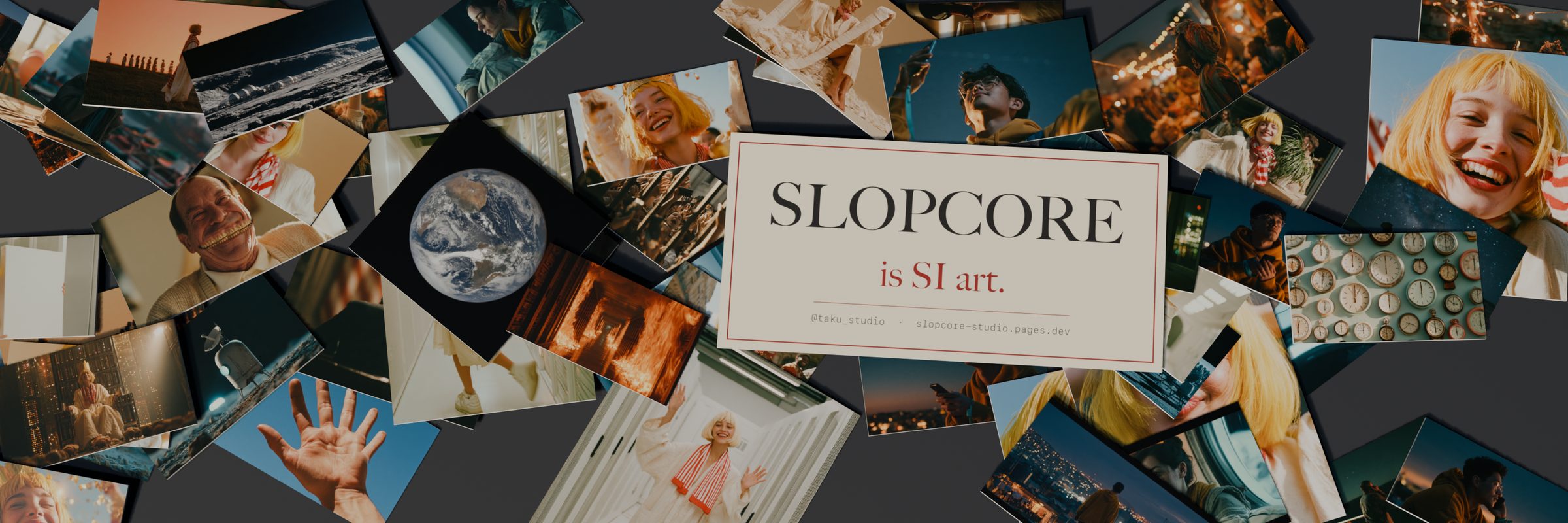 Dozens of SI-made photo cards dropped on a dark desk, with a printed card on top that reads: Slopcore is SI art.